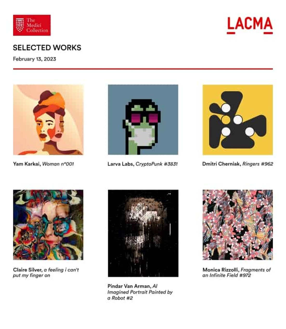 Am 14. Februar 2023 gab das Los Angeles County Museum of Art (LACMA) bekannt, dass es die erste und größte Spende von NFT-Kunst erhalten hat, die jemals an ein amerikanisches Museum geschickt wurde. Die Schenkung von 22 digitalen Kunstwerken erfolgte laut Aussage des LACMA durch den Sammler Cozomo de‘ Medici. Die Sammlung umfasst Werke internationaler Künstler aus Brasilien, Kanada, China, England, Deutschland, Portugal und den Vereinigten Staaten. Einige der NFTs spendeten an LACMA. Bild: LACMA Unter den gespendeten NFT-Kunstwerken befindet sich das CryptoPunk #3831, das 2021 für mehr als 2 Millionen US-Dollar verkauft wurde. Darüber hinaus beinhaltet die Spende ein …