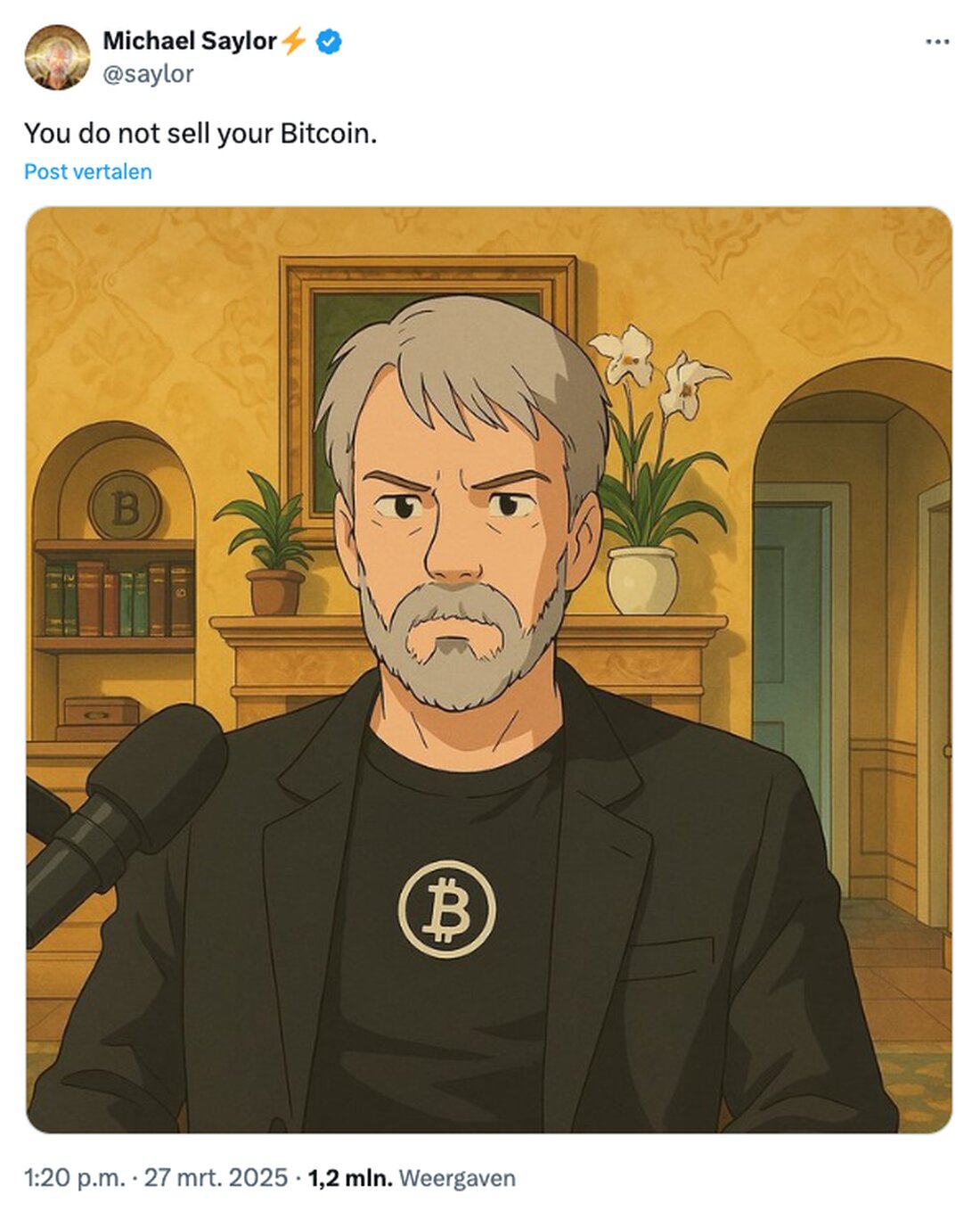 Michael Saylor und der Studio-Ghibli-Hype: Ein Blick auf den Bitcoin-Maximalismus Sogar Michael Saylor, einer der bekanntesten Bitcoin (BTC)-Maximalisten der Welt, macht beim aktuellen Studio-Ghibli-Hype mit. In einem aktuellen Beitrag auf X teilte Saylor ein auffälliges Bild von sich, das im ikonischen Stil eines Ghibli-Films gestaltet ist. Selbstverständlich ist das bekannte BTC-Logo in der Szene integriert. Saylor hat seine Botschaft in diesem Kontext klar formuliert: „Verkauf dein Bitcoin nicht.“ Was steckt hinter dem Studio-Ghibli-Meme-Trend? Für diejenigen, die es nicht wissen: Studio Ghibli ist ein legendäres japanisches Animationsstudio, bekannt für zeitlose Klassiker wie „Chihiros Reise ins Zauberland“, „Mein Nachbar Totoro“ und „Prinzessin &hellip;